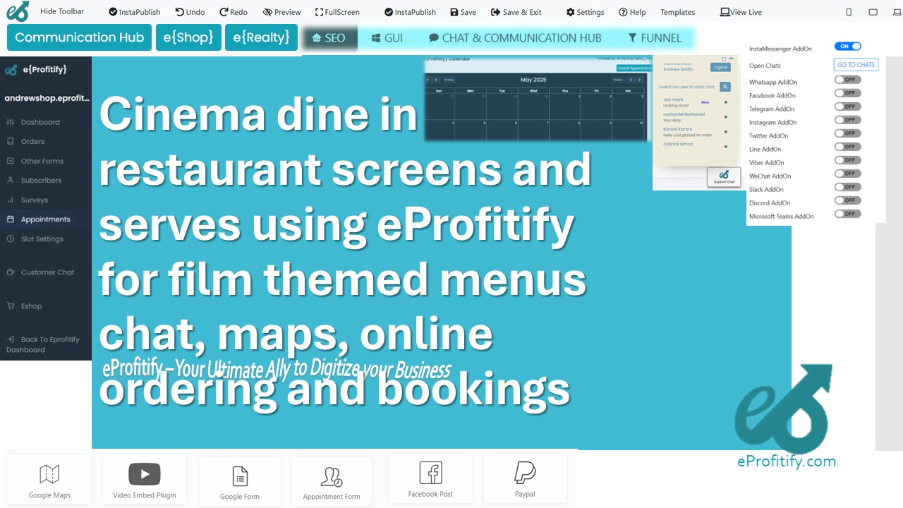 Cinema dine in restaurant screens and serves using eProfitify for film themed menus chat, maps, online ordering and bookings